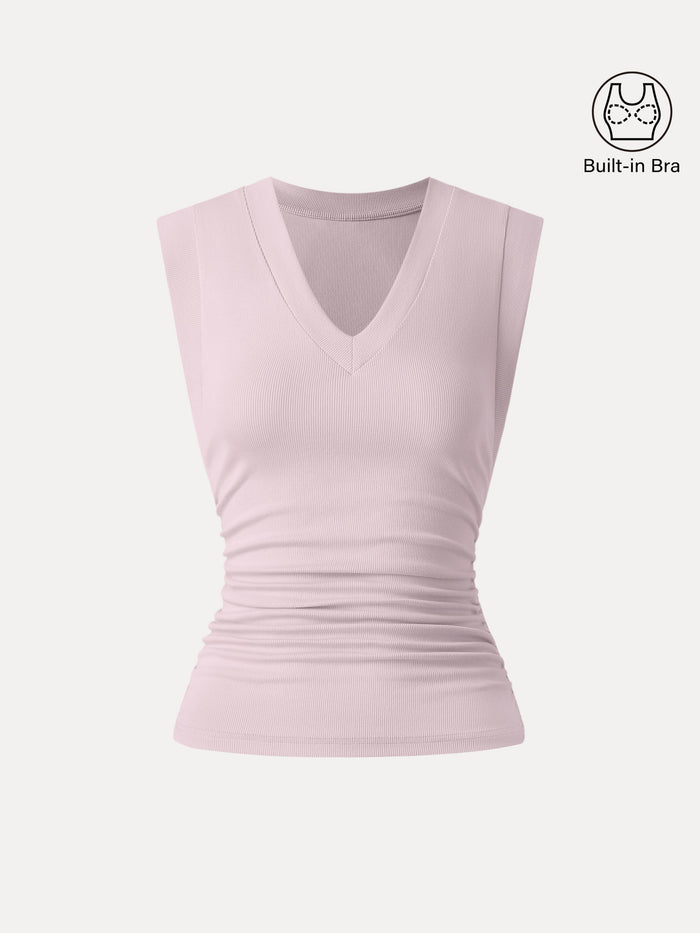 Stretch Cotton V-neck Side Ruched Muscle Bra Top