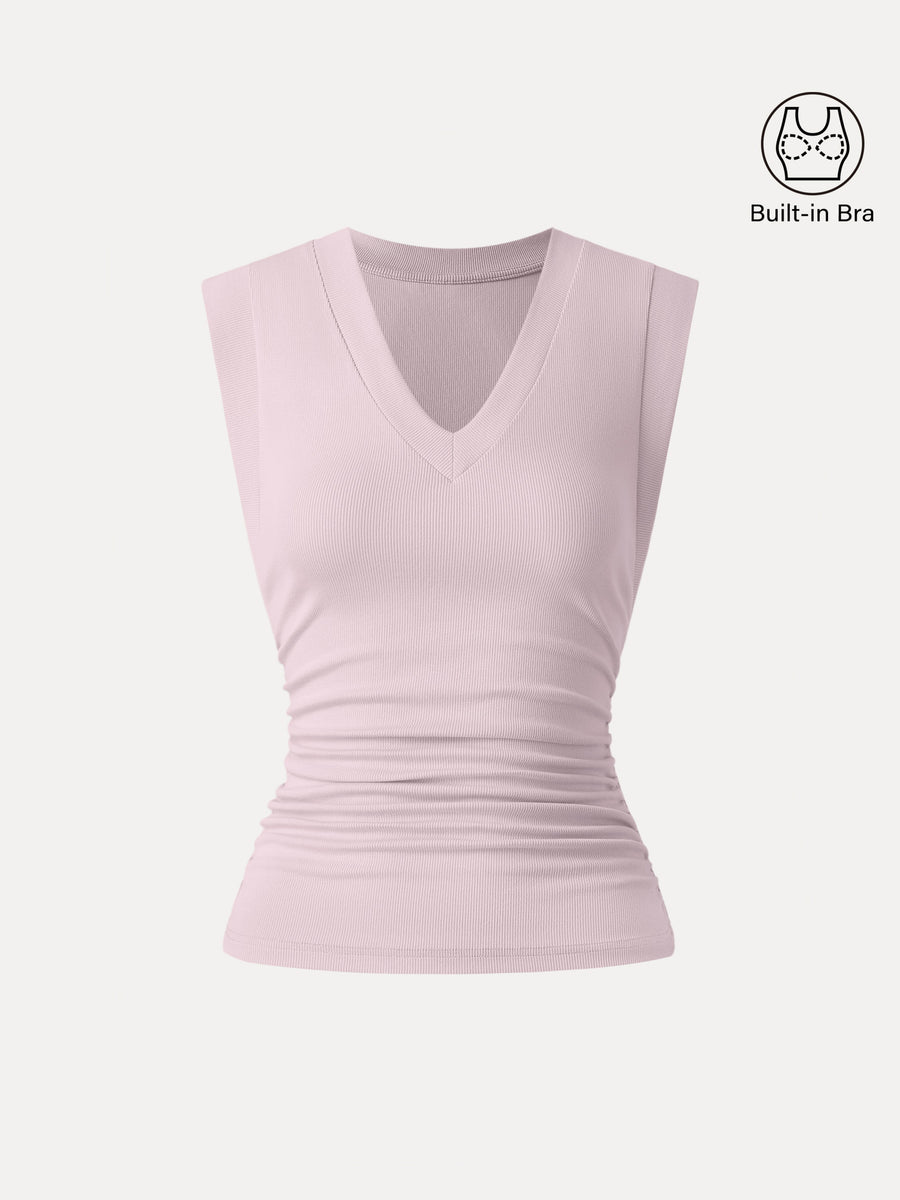 Stretch Cotton V-neck Side Ruched Muscle Bra Top
