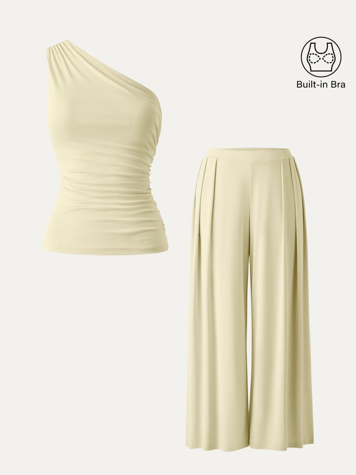 2Pcs Set Regular Wide Leg Palazzo Pant with Pockets & Ruched Bra Tank