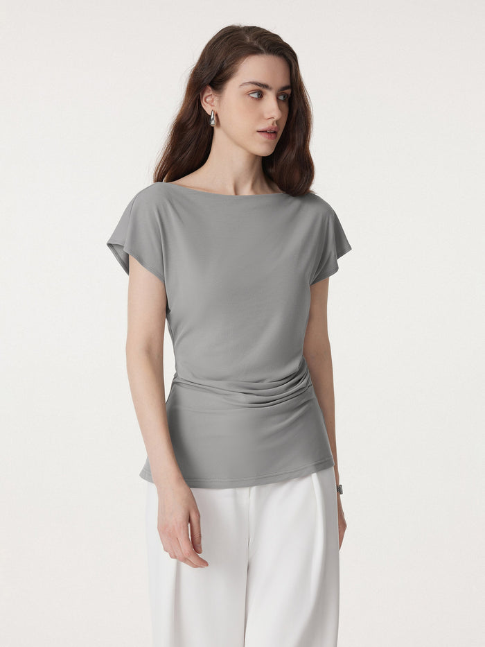 Boatneck Flutter Sleeve Side Tucked Long Tee
