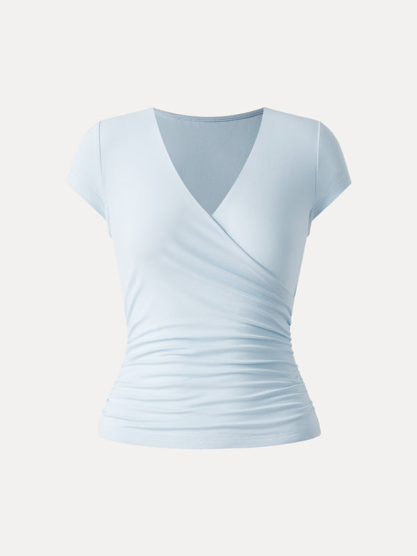 Surplice Cap Sleeve Side Ruched Fitted Tee