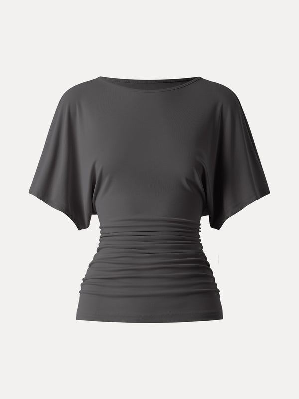 Effortless Boatneck Batwing Sleeve Side Ruched Top