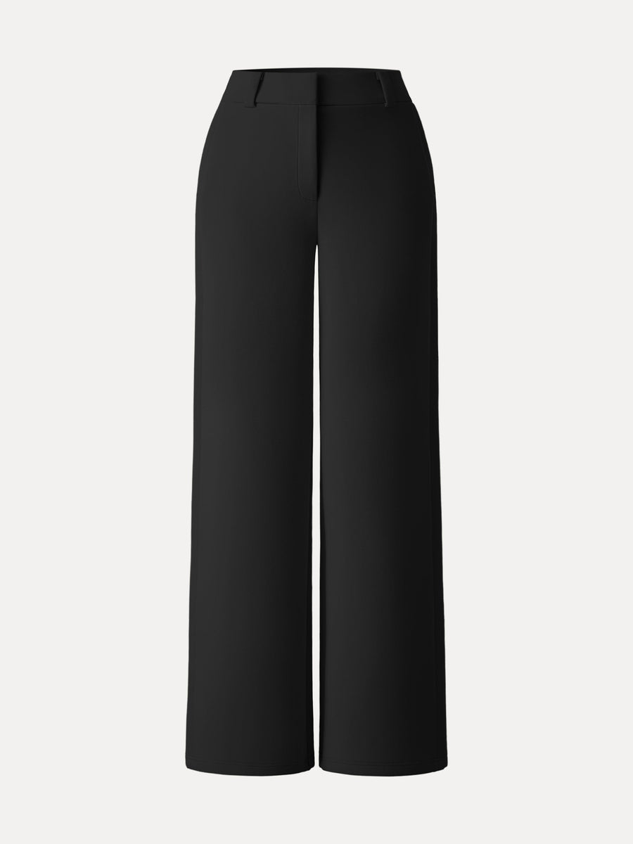 Stretchy Mid Rise Fly-Front Wide Leg Trouser