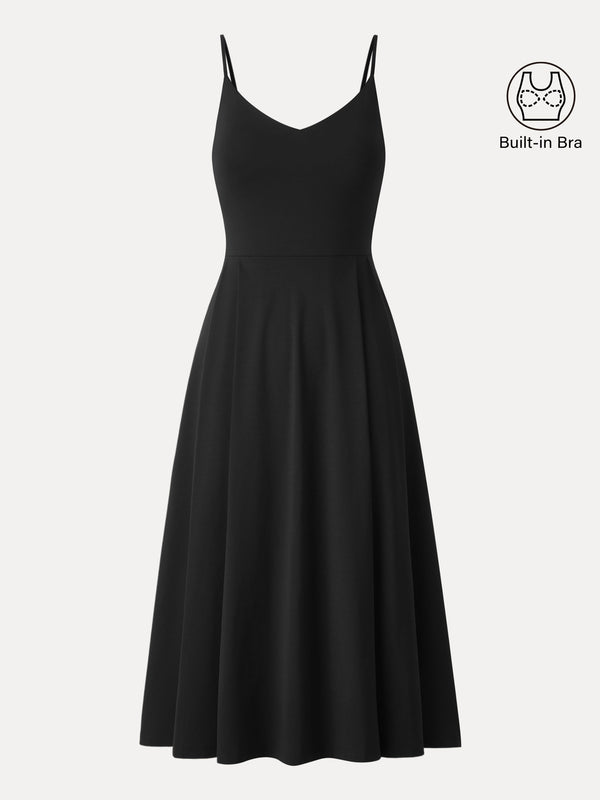 Bamboo Ponte V-neck Fit-and-flare Midi Bra Sundress with Pockets