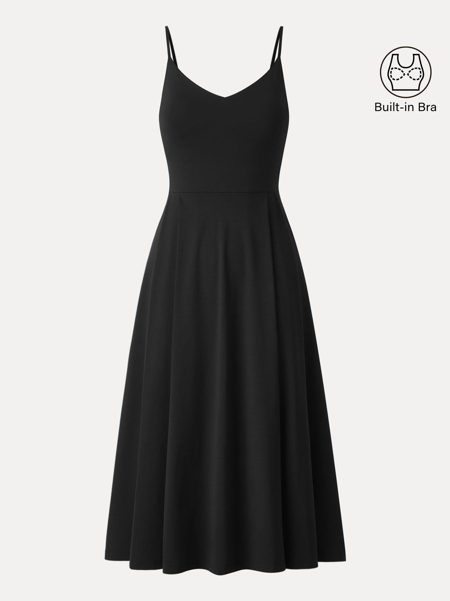Bamboo Ponte V-neck Fit-and-flare Midi Bra Sundress with Pockets