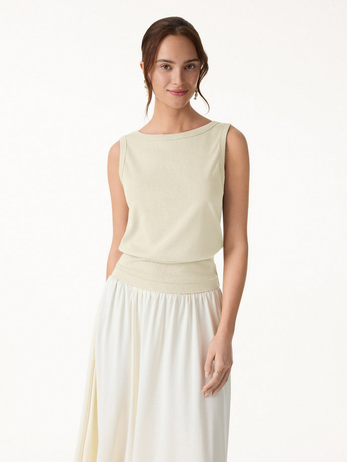 Cotton-Linen Blend Reversible Boatneck Low Back Top