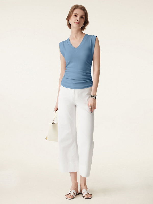 Stretch Cotton V-neck Side Ruched Muscle Bra Top