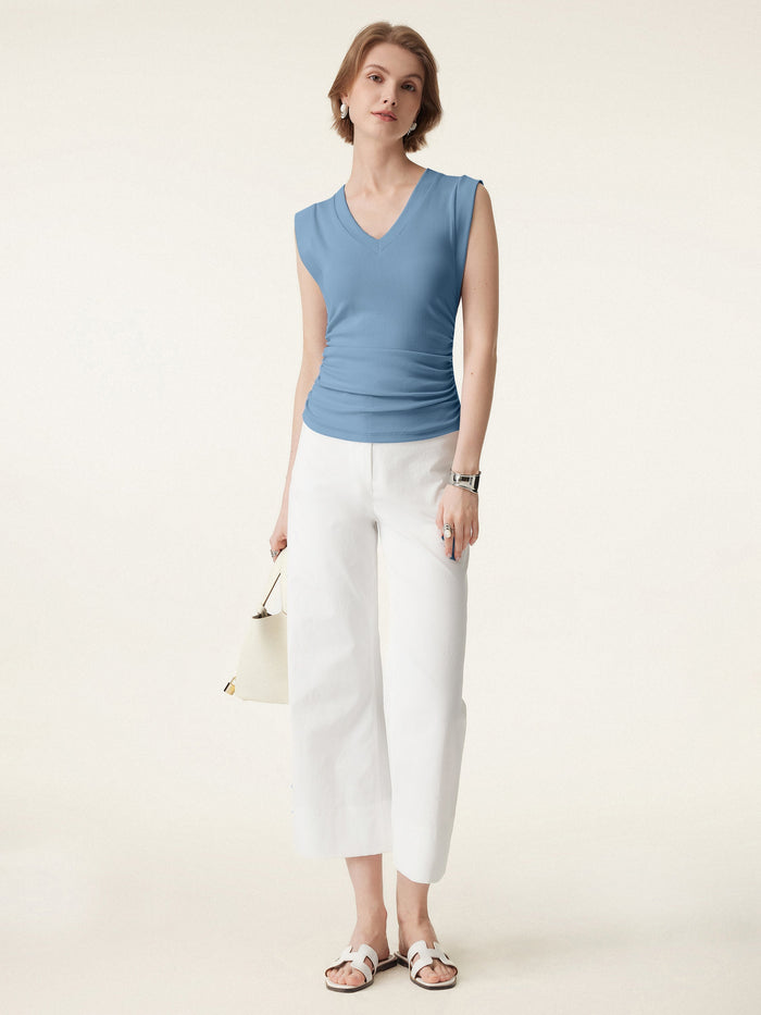 Stretch Cotton V-neck Side Ruched Muscle Bra Top