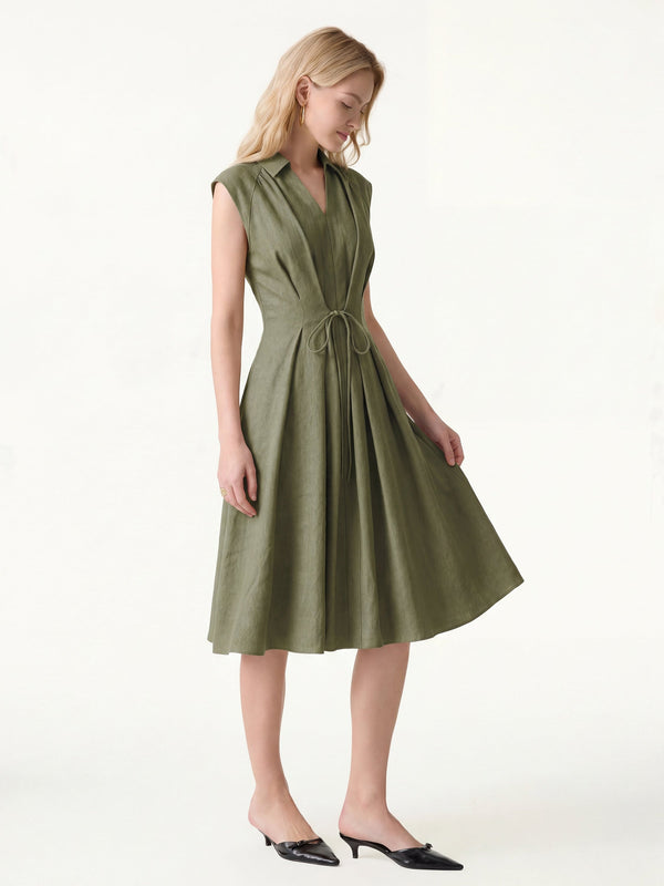 Viscose-Linen Collared V-neck Midi Dress with Drawstring