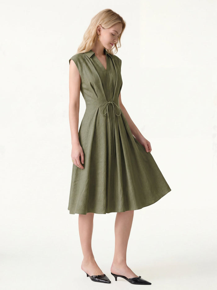Viscose-Linen Collared V-neck Midi Dress with Drawstring