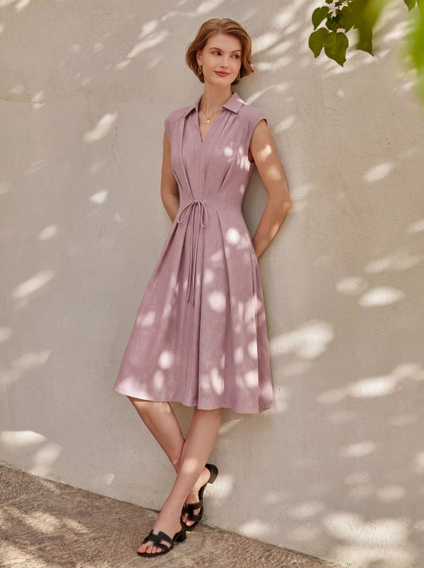 Viscose-Linen Collared V-neck Midi Dress with Drawstring