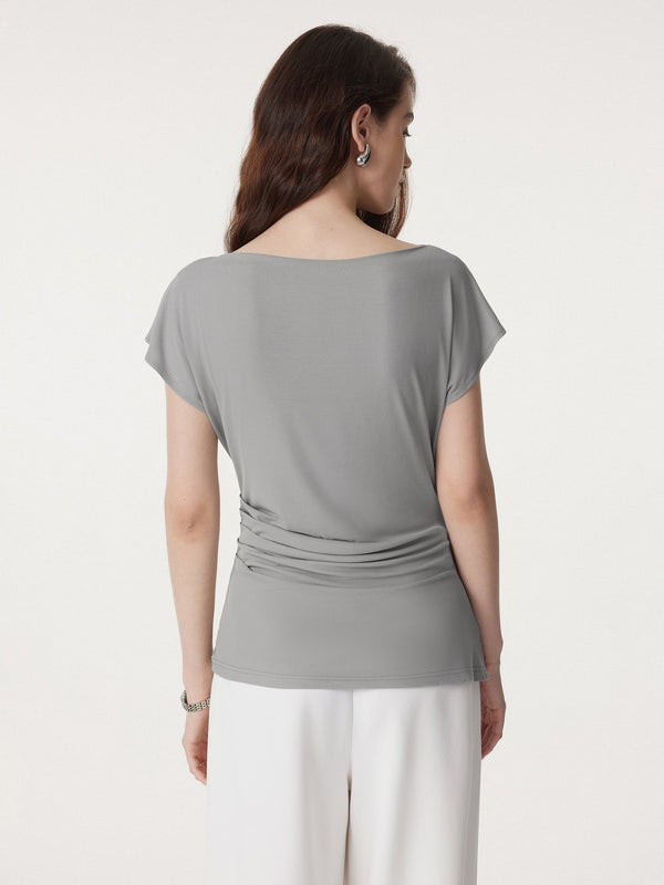 Boatneck Flutter Sleeve Side Tucked Long Tee