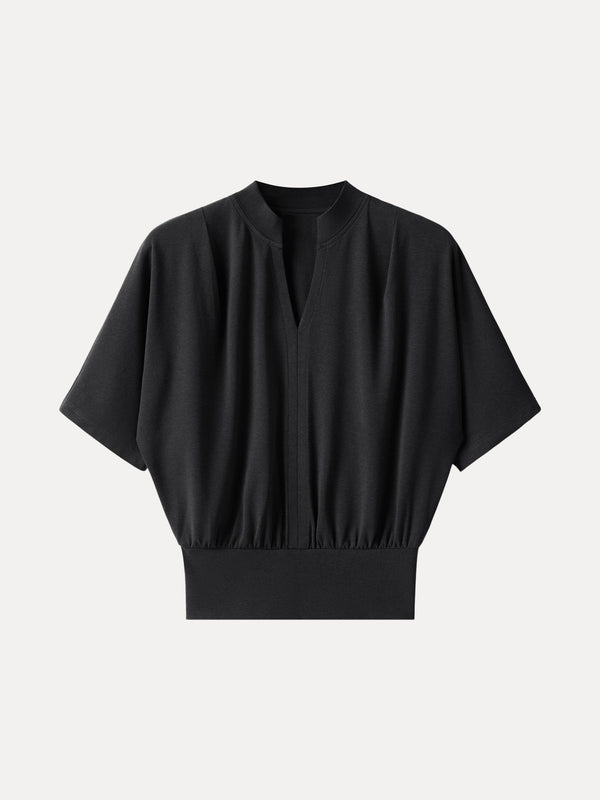 Stand Collar V-Neck Short Sleeve Top
