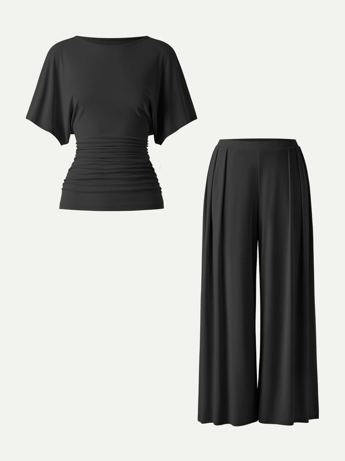 2Pcs Set Boatneck Batwing Sleeve Top & Wide Leg Palazzo Pant with Pockets