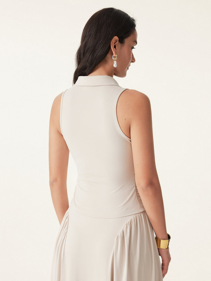 Collared Faux Button Placket Side Ruched Vest Top