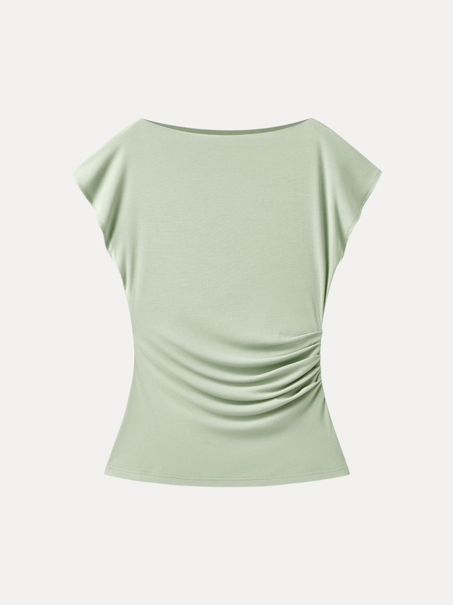 Boatneck Flutter Sleeve Side Tucked Long Tee