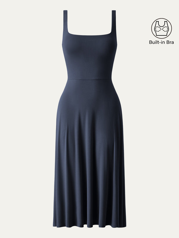 Square Neck Flowy New Airy Bra Midi Dress