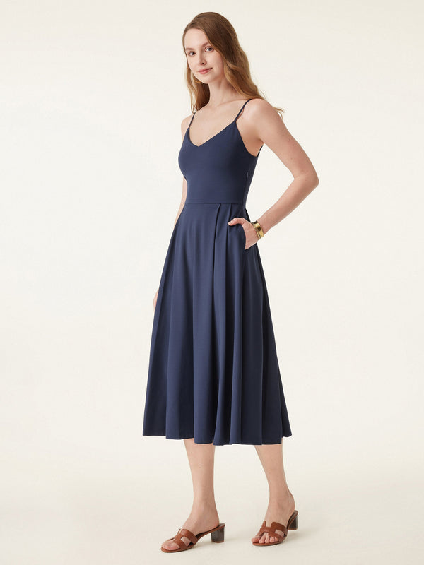 Bamboo Ponte V-neck Fit-and-flare Midi Bra Sundress with Pockets