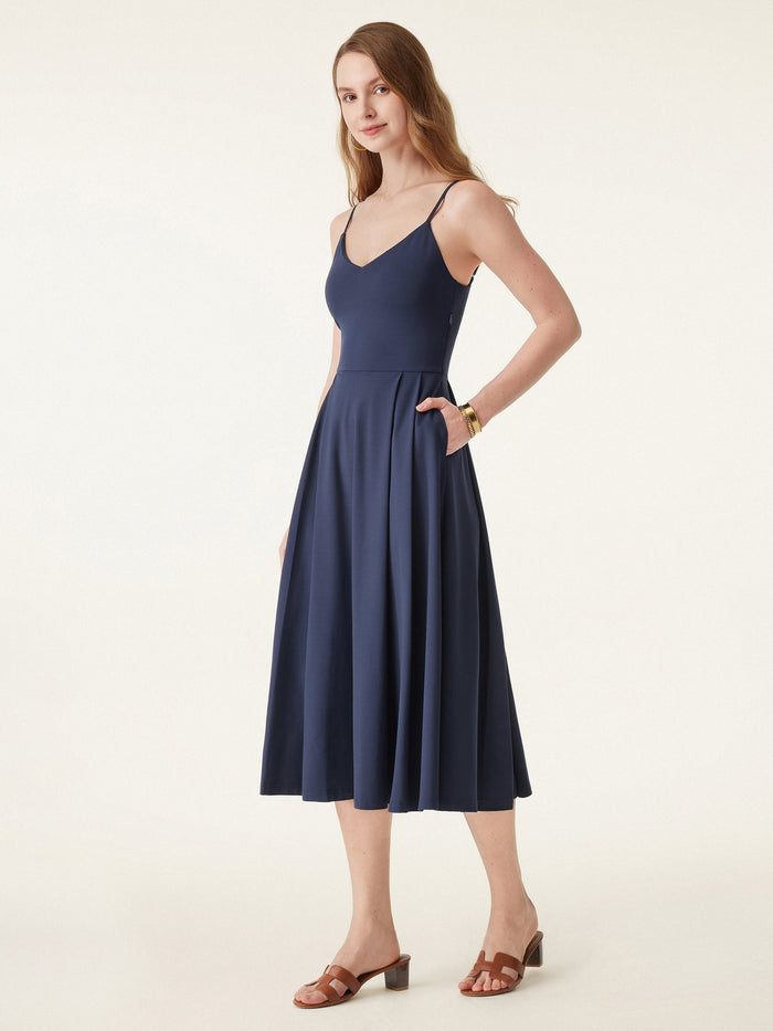 Bamboo Ponte V-neck Fit-and-flare Midi Bra Sundress with Pockets