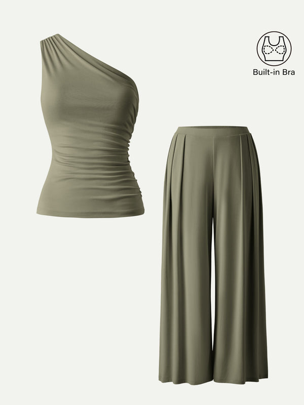2Pcs Set Regular Wide Leg Palazzo Pant with Pockets & Ruched Bra Tank