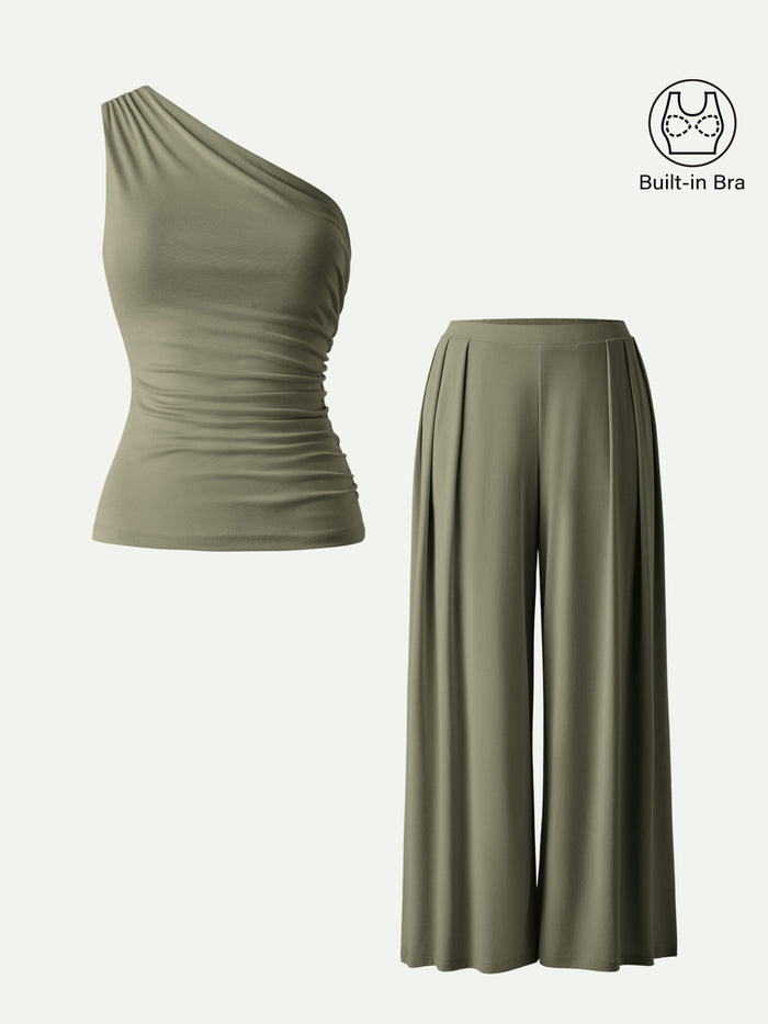 2Pcs Set Regular Wide Leg Palazzo Pant with Pockets & Ruched Bra Tank