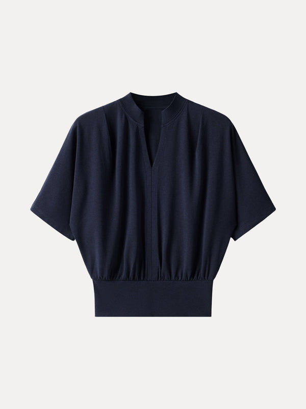 Stand Collar V-Neck Short Sleeve Top