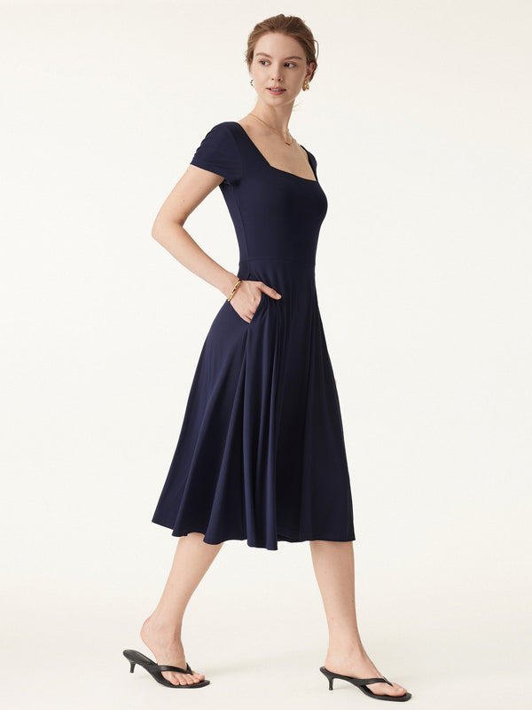 Flowy Square Neck Short Sleeve Midi Bra Dress