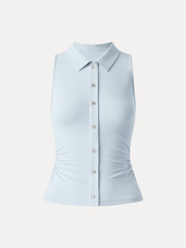 Collared Faux Button Placket Side Ruched Vest Top