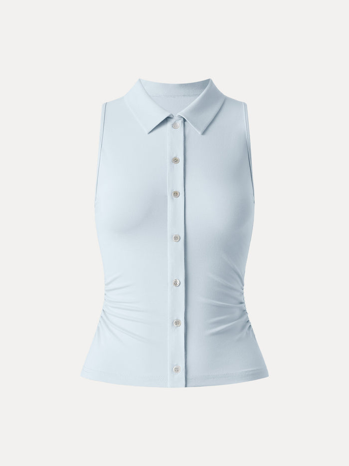 Collared Faux Button Placket Side Ruched Vest Top