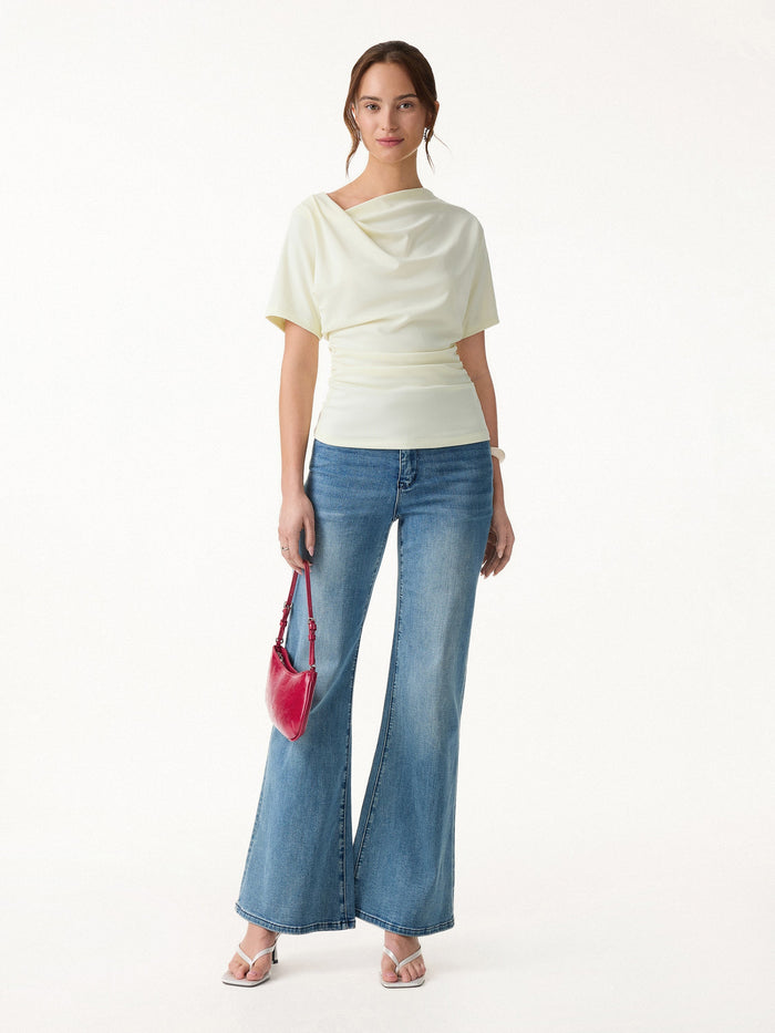 Asymmetrical Cowl Neck Ruched Top