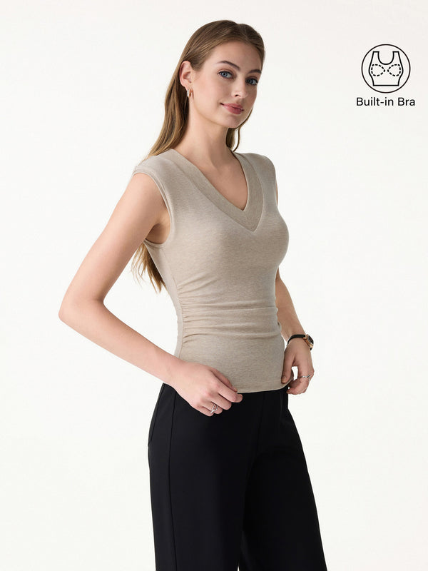 Sweat-Wicking V-Neck Wide Shoulder Ruched Bra Top