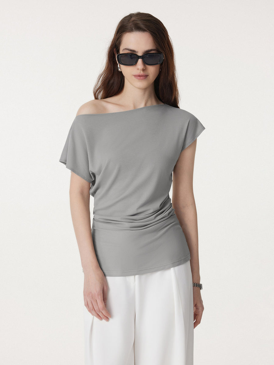 Boatneck Flutter Sleeve Side Tucked Long Tee