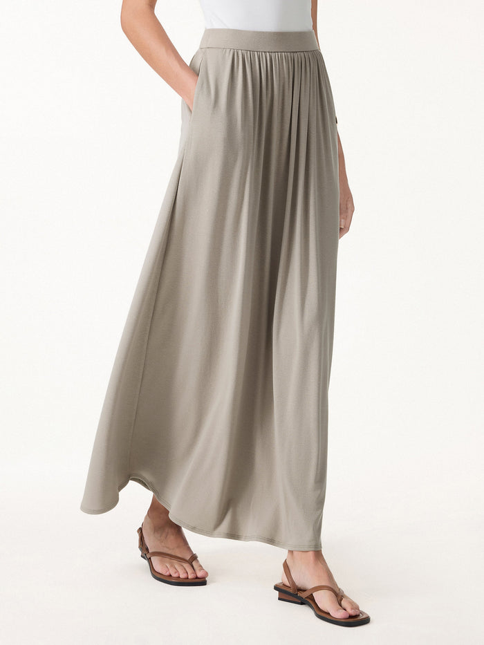Soft Linen Knit Gathered A-Line Maxi Skirt with Pockets