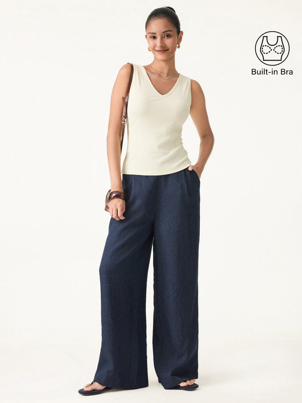 Stretch Cotton Pointelle V-neck Sleeveless Bra Tank