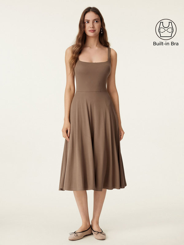 Square Neck Flowy New Airy Bra Midi Dress