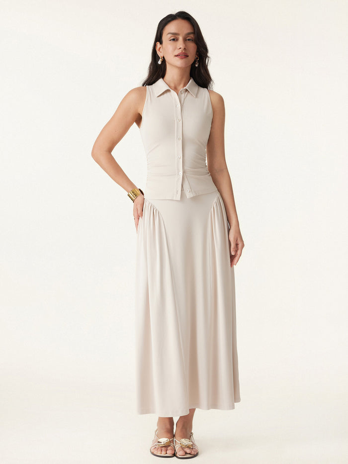 Collared Faux Button Placket Side Ruched Vest Top