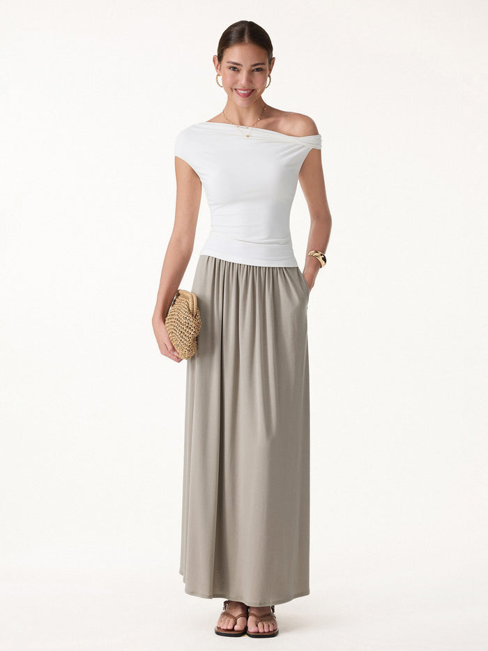 Soft Linen Knit Gathered A-Line Maxi Skirt with Pockets