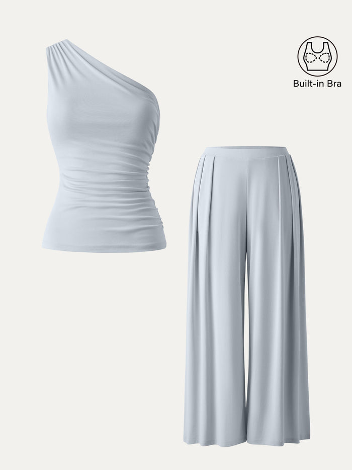 2Pcs Set Regular Wide Leg Palazzo Pant with Pockets & Ruched Bra Tank