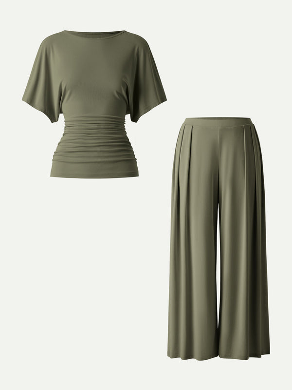 2Pcs Set Boatneck Batwing Sleeve Top & Wide Leg Palazzo Pant with Pockets