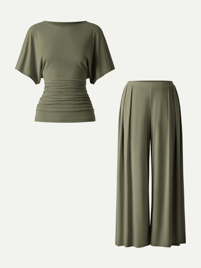 2Pcs Set Boatneck Batwing Sleeve Top & Wide Leg Palazzo Pant with Pockets