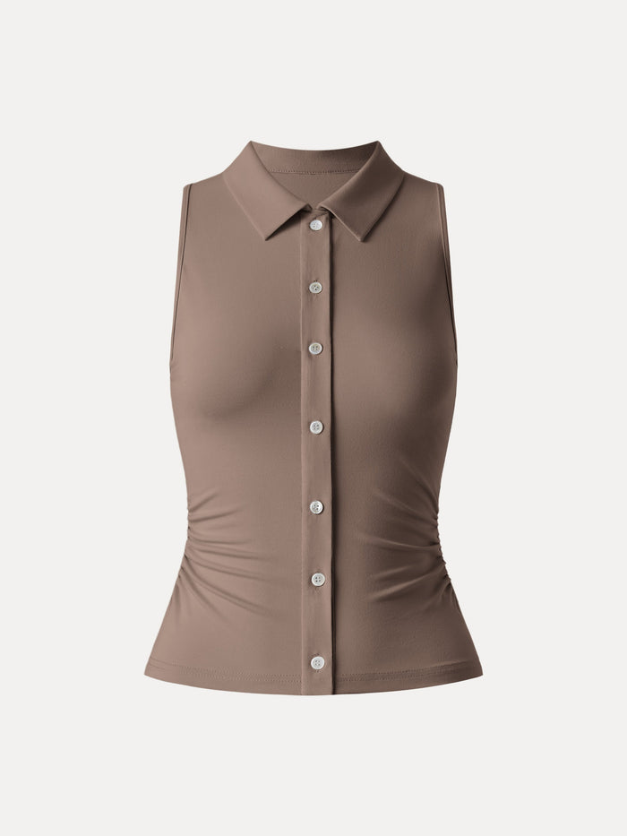Collared Faux Button Placket Side Ruched Vest Top