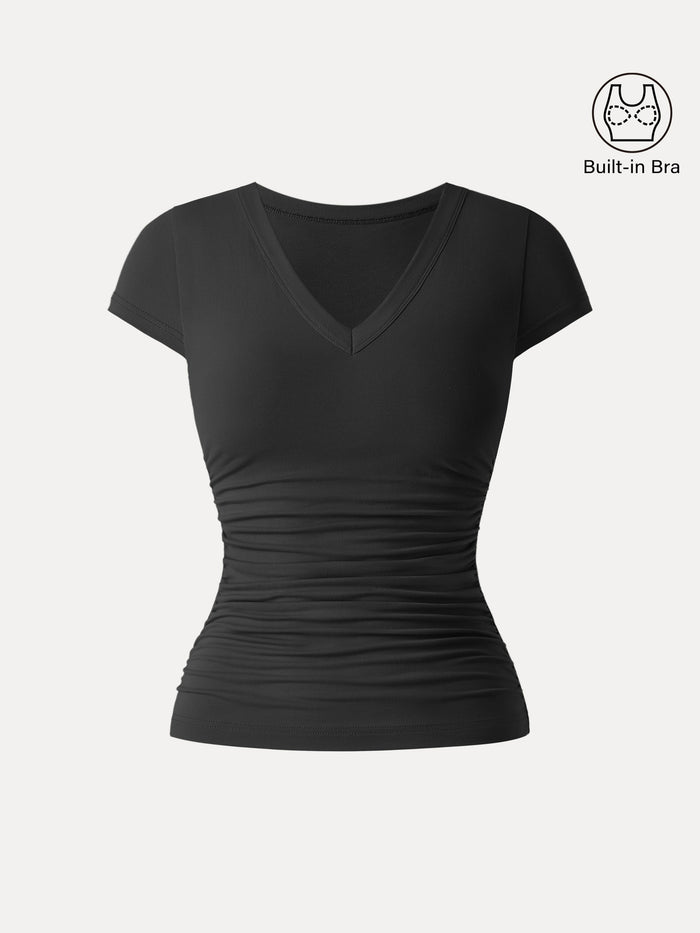 Elevated V-neck Side Ruched Cap Sleeve Bra Tee