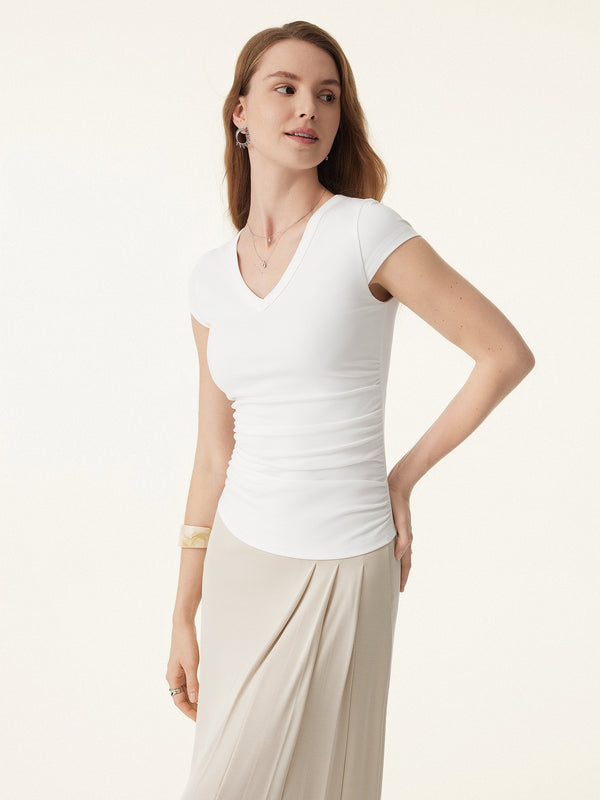 Elevated V-neck Side Ruched Cap Sleeve Bra Tee