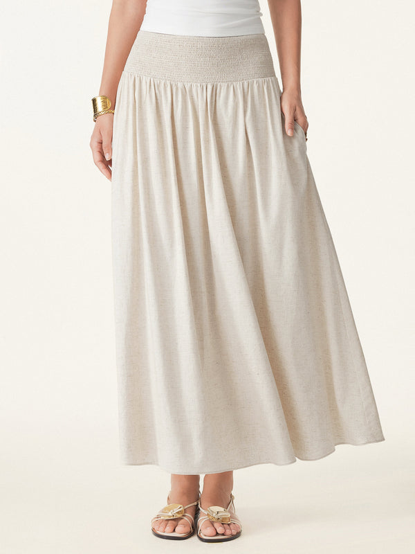 European Linen Smocked Waist Skirt with Pockets