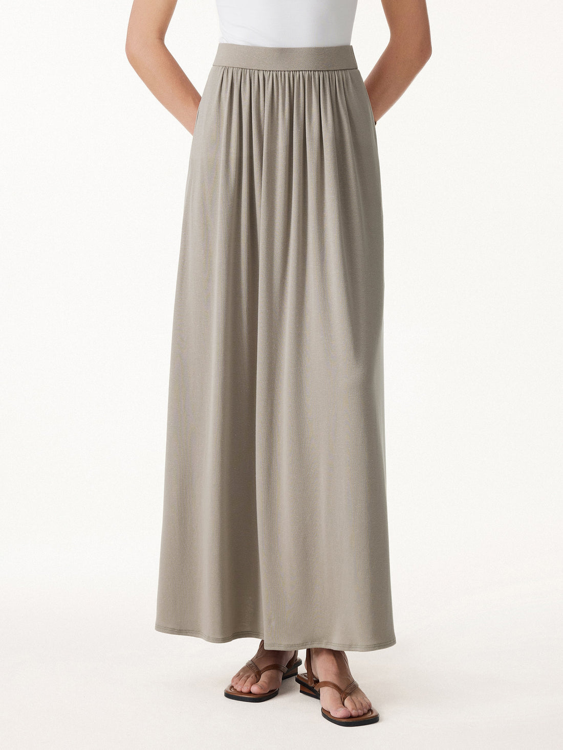 Soft Linen Knit Gathered A-Line Maxi Skirt with Pockets