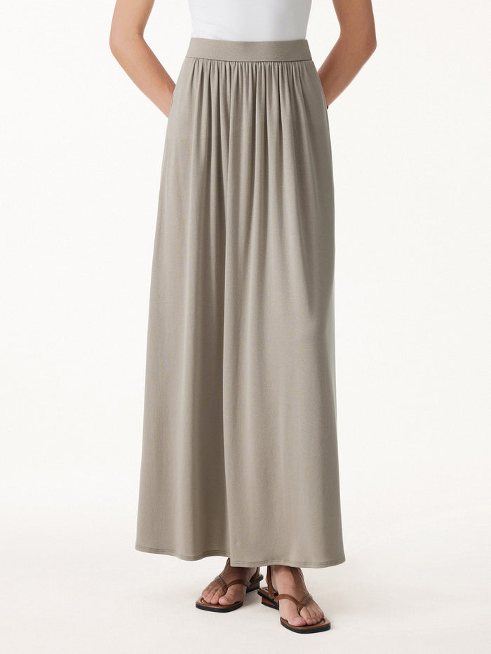 Soft Linen Knit Gathered A-Line Maxi Skirt with Pockets