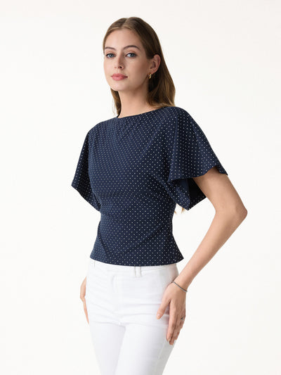 Soft Stretch Cotton Boatneck Flutter Sleeves Polka Dot Top Limited Edition