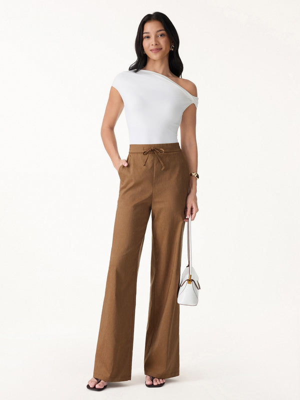Wrinkle-Resistant Linen Drawstring Wide Leg Pant with Pockets