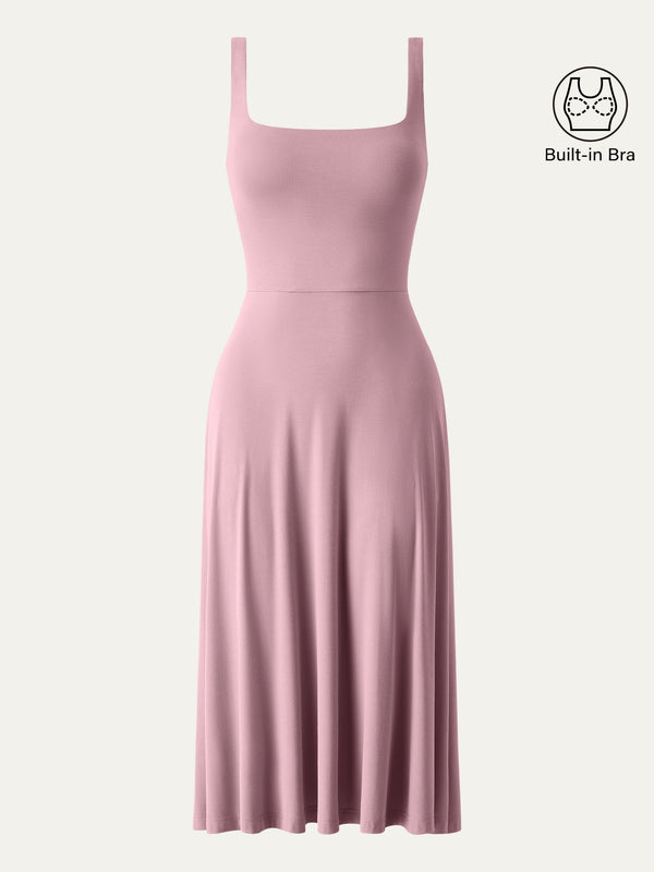 Square Neck Flowy New Airy Bra Midi Dress