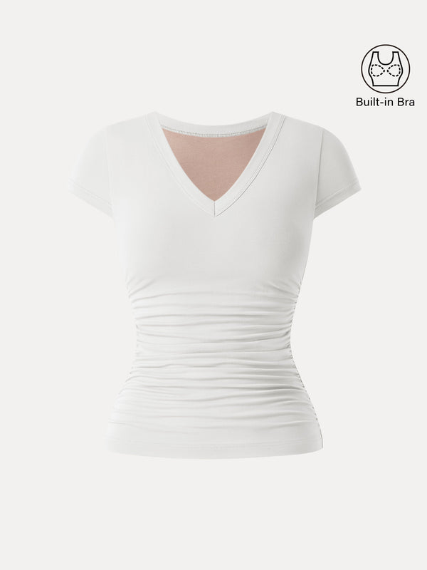 Elevated V-neck Side Ruched Cap Sleeve Bra Tee